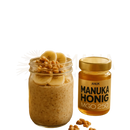 Ein golddeckelglas anuk manuka-honig mgo250 neben haferbrei mit bananen und walnüssen hochwertigen premium-honig