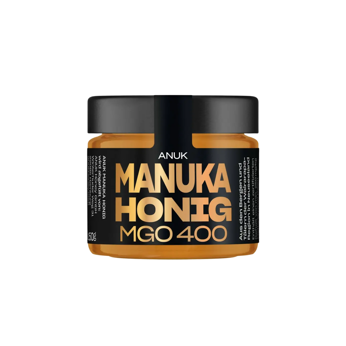 Glas mit 150 g ANUK Manuka-Honig MGO400+ in Amberglas, hochwertiger Honig von ANUK Honey, sichtbar im Bild