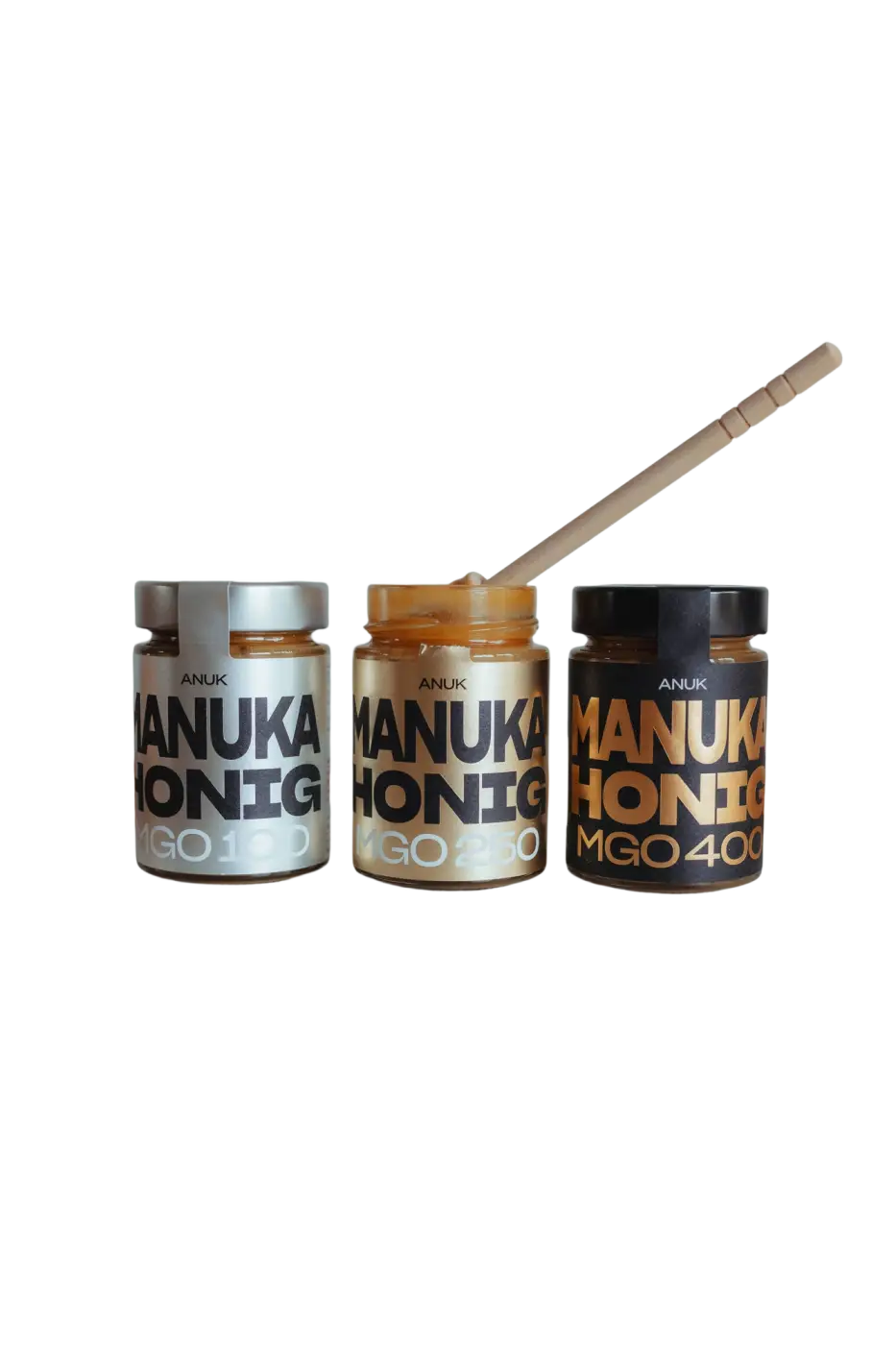 Drei Gläser ANUK Manuka-Honig MGO400+ in Silberverpackung, hochwertiger Honig mit medizinischer Qualität, Nahaufnahme