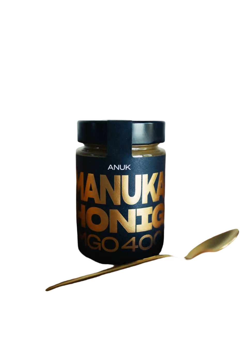 ANUK Manuka-Honig MGO400+ in elegant schwarzem Glas, hochwertiger Honig mit Premiumqualität, natürlicher Manuka-Honig von ANUK Honey