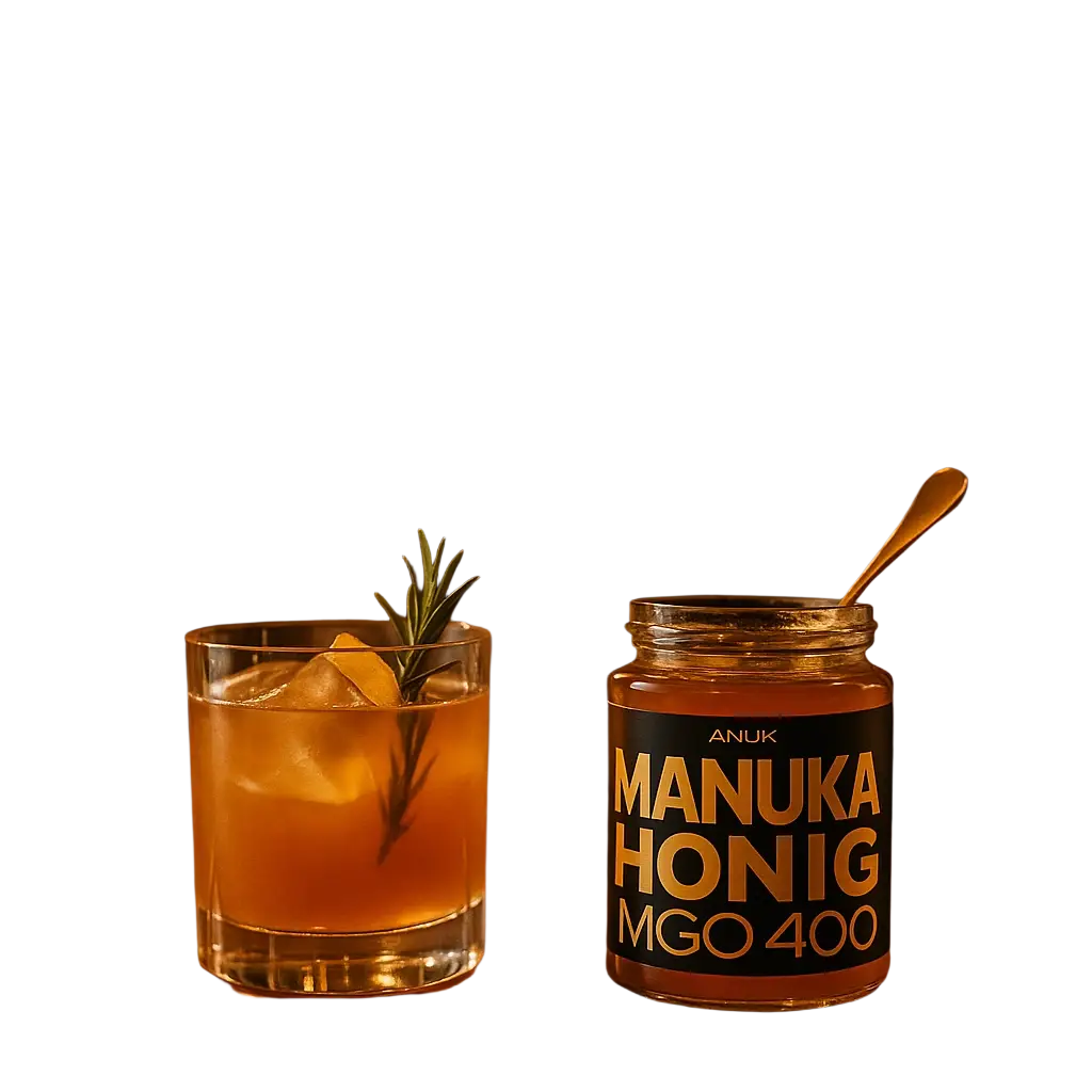 Glas mit ANUK Manuka-Honig MGO400+ in Premiumqualität, dunkler Honig mit MGO-Zertifizierung, ideal für Gesundheit und Genuss