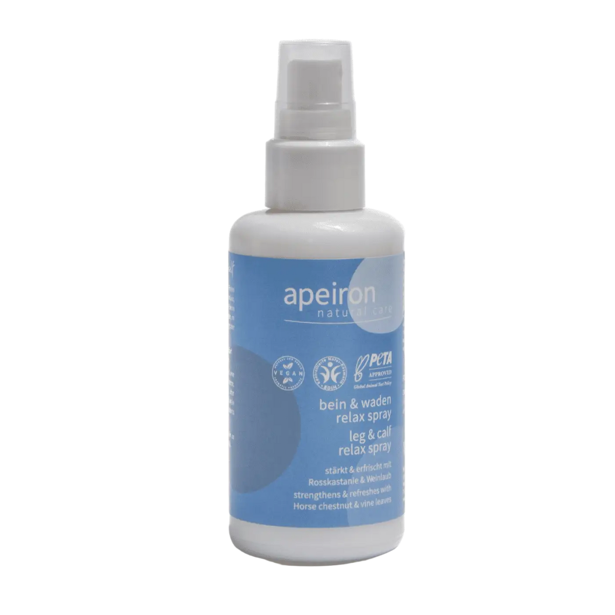 Apeiron Bein- und Waden-Relax-Spray von Spa Vivent, 100ml, in eleganter weißer Flasche, für entspannte Beine und Waden.