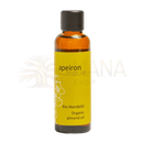 Ein schlankes amberfarbenes glasfläschchen bio mandelöl von apeiron natural care mit schwarzem verschluss und gelbem etikett für empfindliche haut