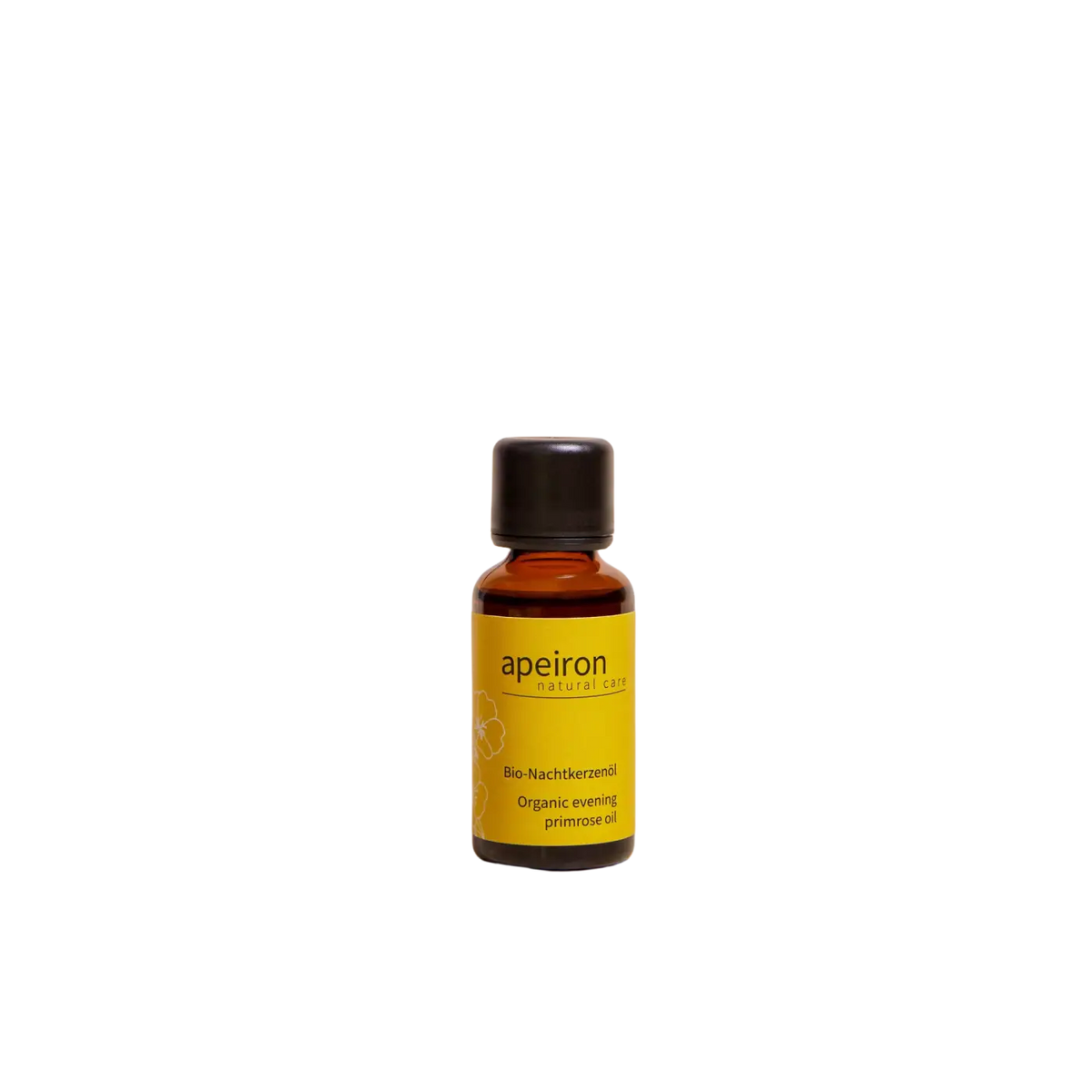 Apeiron Bio Nachtkerzenöl von Spa Vivent, 30 ml, Naturkosmetik-Körperpflege mit goldenem Öl in dunkler Flasche, Nahaufnahme