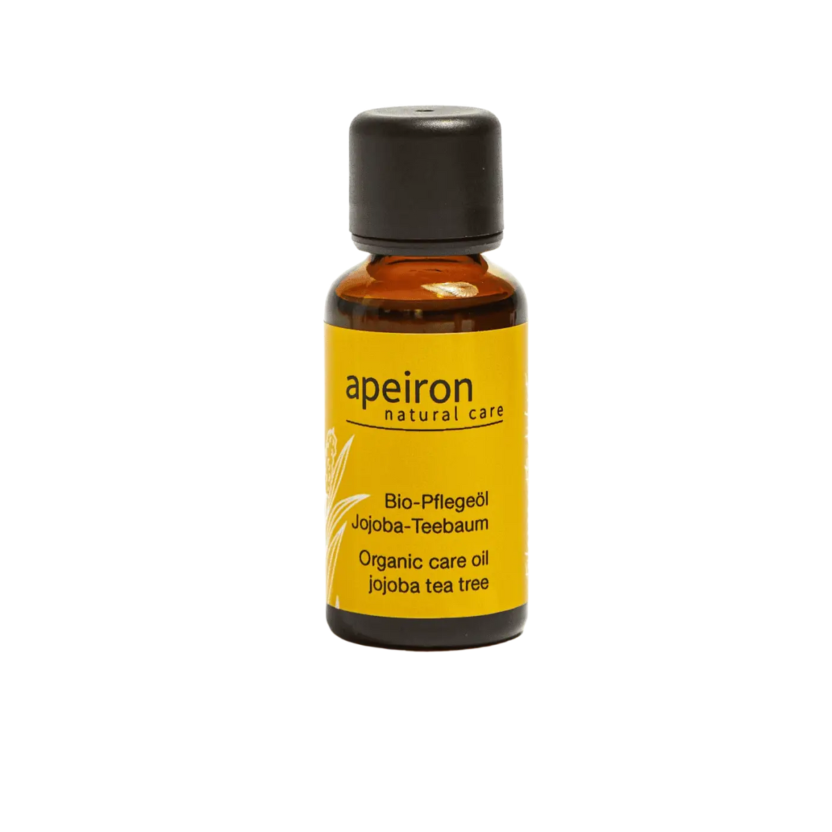Apeiron Bio-Pflegeöl mit Jojoba und Teebaum in 30ml Flasche, Naturkosmetik-Körperpflege, zeigt die Flasche auf weißem Hintergrund