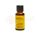 Kleine bernsteinfarbene glasflasche mit schwarzem deckel und gelbem etikett von apeiron organic jojoba bio-pflegeöl jojoba teebaum 30ml