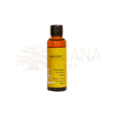 Eine bernsteinfarbene glasflasche mit schwarzem verschluss und gelbem etikett apeiron organic care bio pflegeöl laguna mit jojobaöl