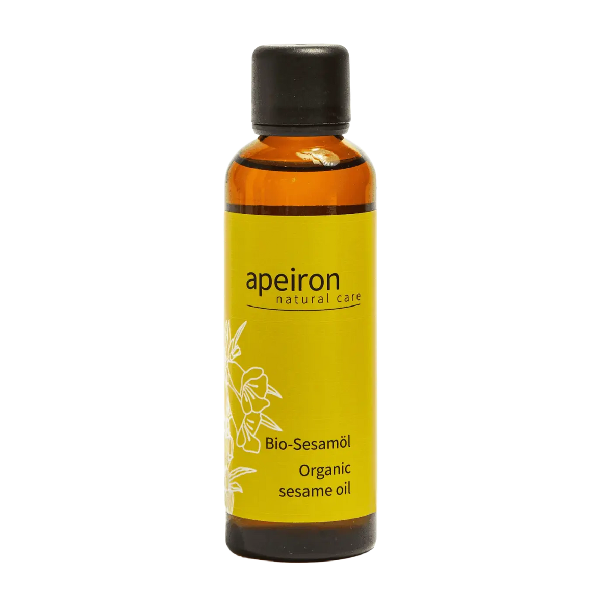 Elegantes Bernsteinfarbenes Apeiron Bio Sesamöl in 75 ml Flasche, hochwertiges Körperpflegeöl von Spa Vivent