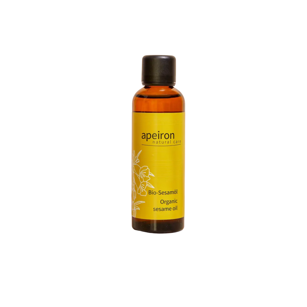 Apeiron Bio Sesamöl 75 ml in einer Flasche, für natürliche Körperpflege, Spa Vivent, zeigt das Öl in einer dunklen Glasflasche