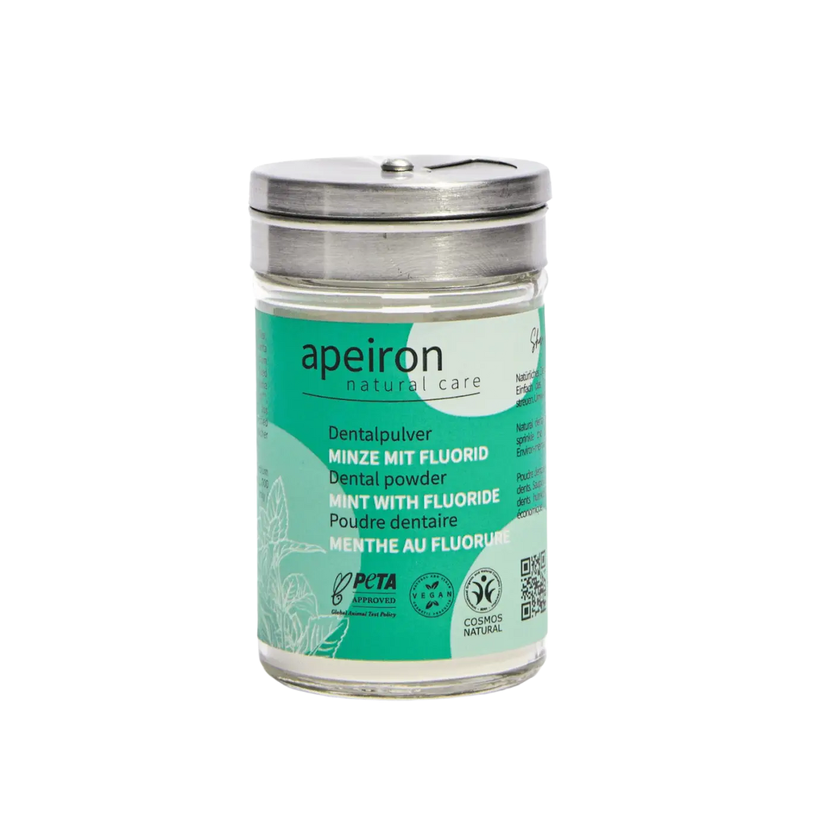 Apeiron Dentalpulver Minze mit Fluorid, 40g, für sanfte Zahnpflege und Schutz des Zahnschmelzes, in einer Dose.