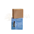 A beige rechteckiger apeiron foot callus peeling soap 100g liegt auf der blauen verpackung für weiche füße