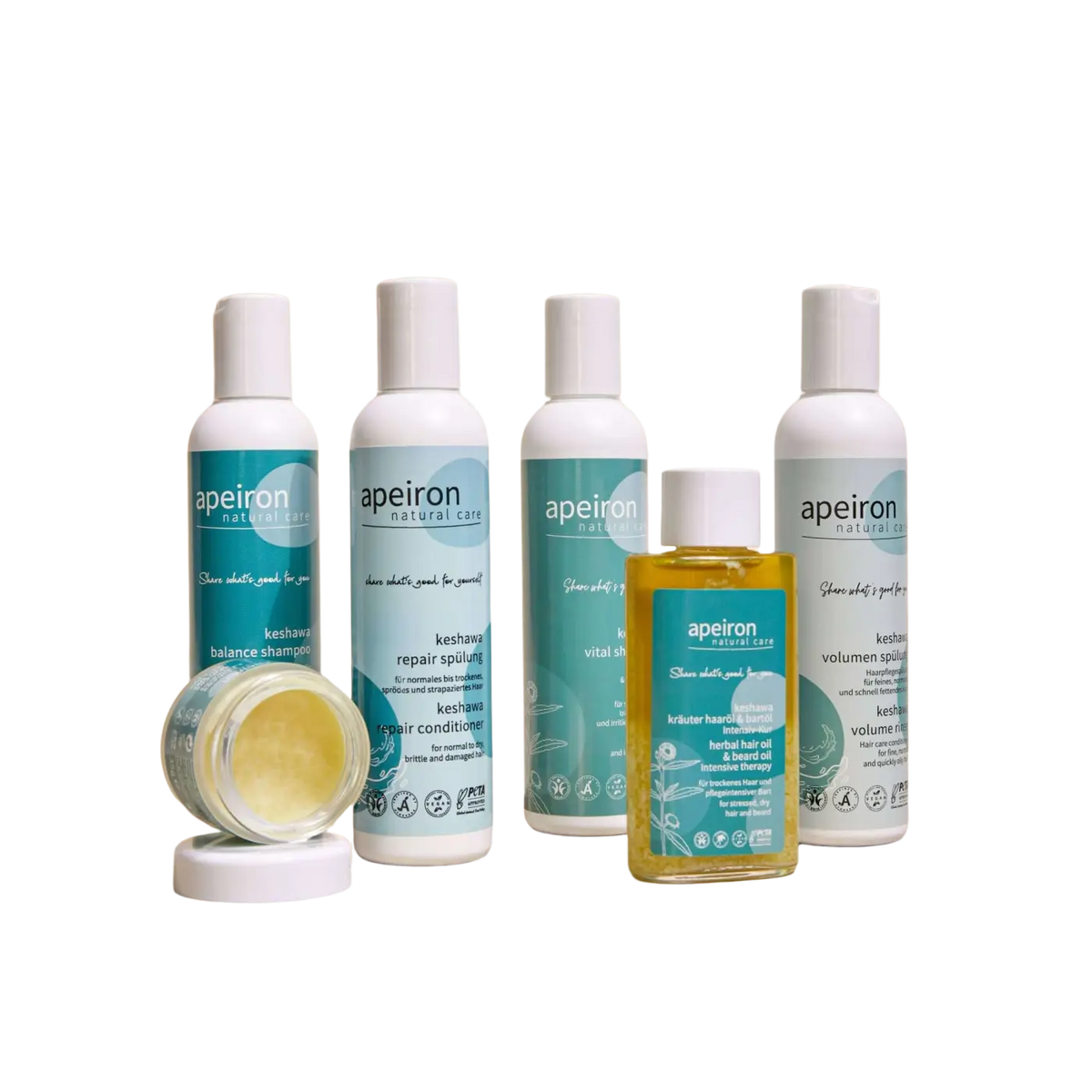 Apeiron Keshawa Vital Shampoo für Haare in weißer Flasche, 200ml, von Spa Vivent, zeigt das Shampoo-Set in der Abbildung