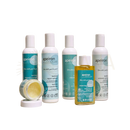 Set aus fünf weißen flaschen mit türkisfarbenen etiketten und einem offenen tiegel apeiron keshawa vital shampoo für geschädigtes haar