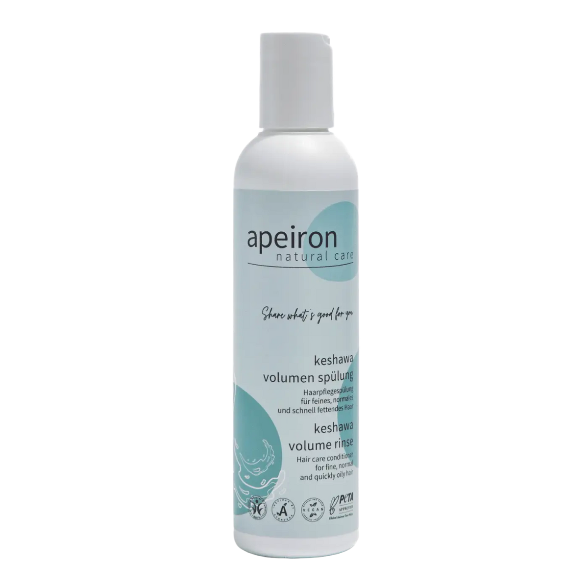 Apeiron Keshawa Volumen Spülung in weißer Flasche, für volles Haar, Spa Vivent, 200ml, zeigt die Produktverpackung.