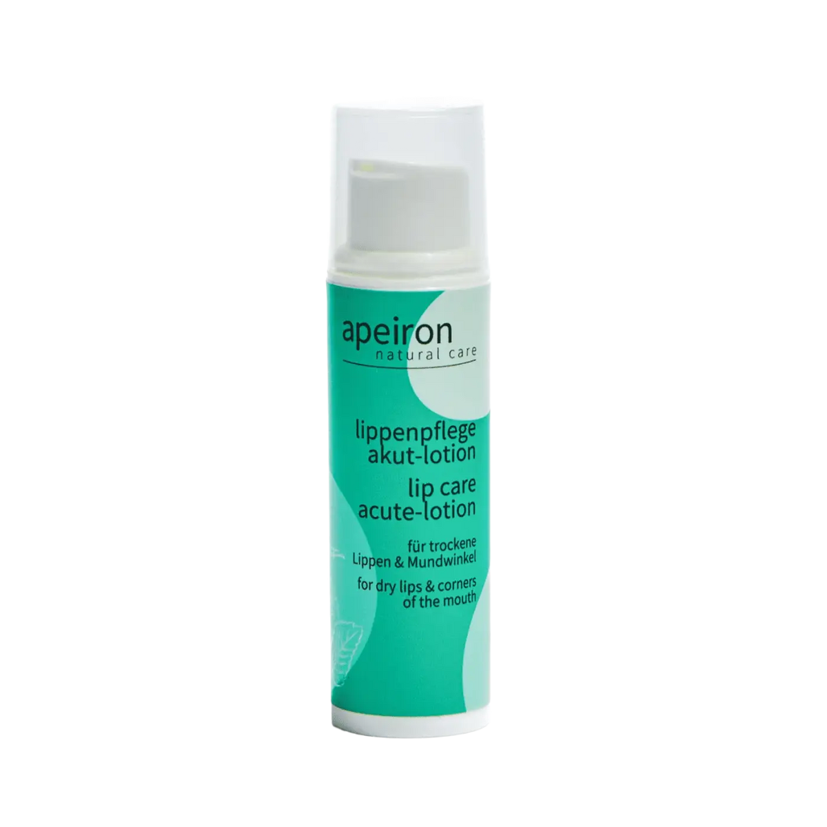 Apeiron Lippenpflege Akut-Lotion 10ml, intensive Pflege für empfindliche Lippen, in einer weißen Flasche mit Spenderaufsatz.