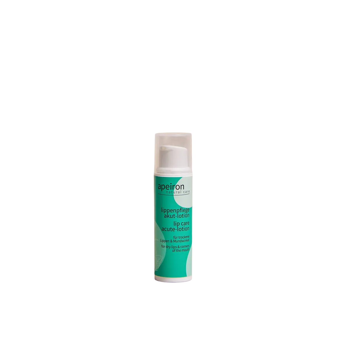 Apeiron Lippenpflege Akut-Lotion 10ml, intensive Pflege für empfindliche Lippen, in einer weißen Flasche mit Spender.