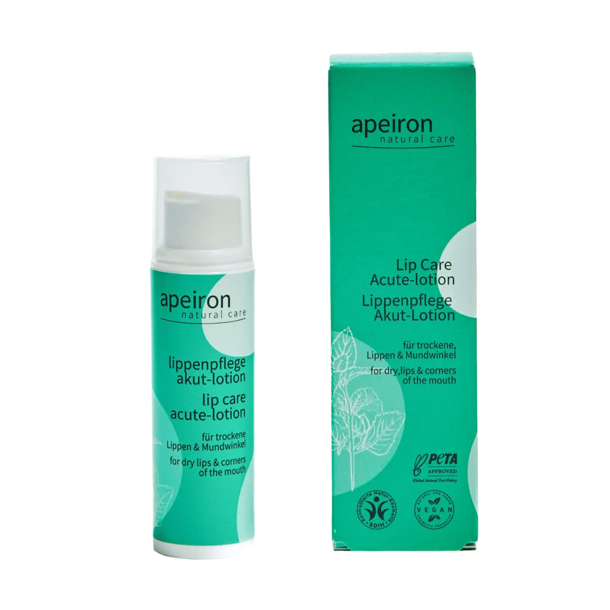 Apeiron Lippenpflege Akut-Lotion 10ml, intensive Pflege für empfindliche Lippen, Flasche mit weißem Deckel und Label, Spa Vivent Produkt