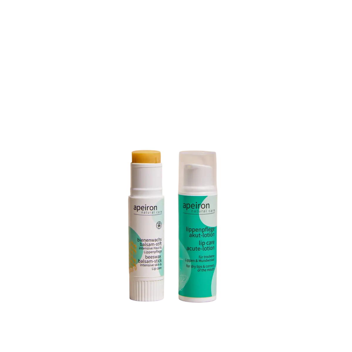 Apeiron Lippenpflege Akut-Lotion 10ml, intensive Pflege für empfindliche Lippen, in einer weißen Flasche mit Spenderaufsatz.