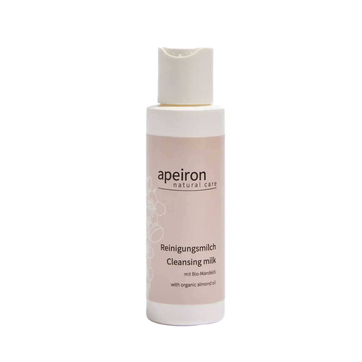 Apeiron Reinigungsmilch von Spa Vivent für alle Hauttypen, 100 ml, in blassrosa Flasche, ideal für milde Körperpflege.
