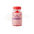 Eine klare plastikflasche mit roten schraubverschluss enthält myga apfelessig gummies auf pastellrosa etikett für stoffwechsel und energie
