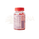 Eine klare plastikflasche mit rotem schraubverschluss enthält rosa apfelessig gummies für stoffwechsel und energie