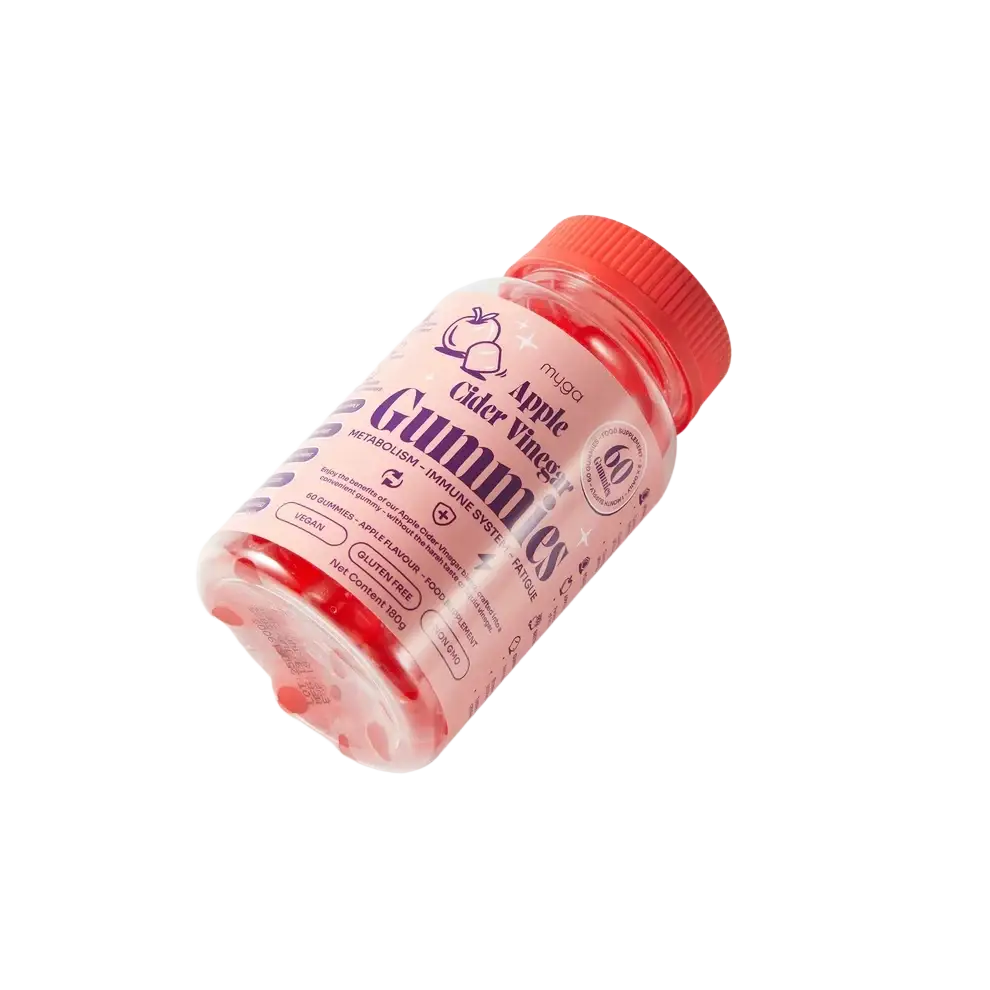 Myga Apfelessig Gummies für Stoffwechsel, Immunsystem und Energie, Nahaufnahme der fruchtigen Nahrungsergänzung in Dosenform