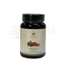 Schwarze plastikflasche arjuna 60 kapseln mit ayurveda spezialist etikett und terminalia arjuna pflanzenextrakt