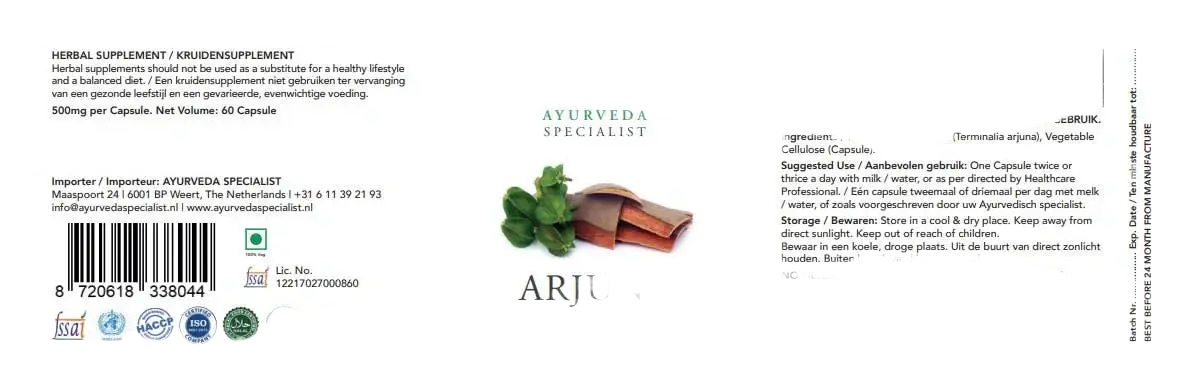 Arjuna Nahrungsergänzungsmittel in 60 Kapseln, von Ayurveda Specialist B.V., mit natürlichen Heilpflanzen für Gesundheit