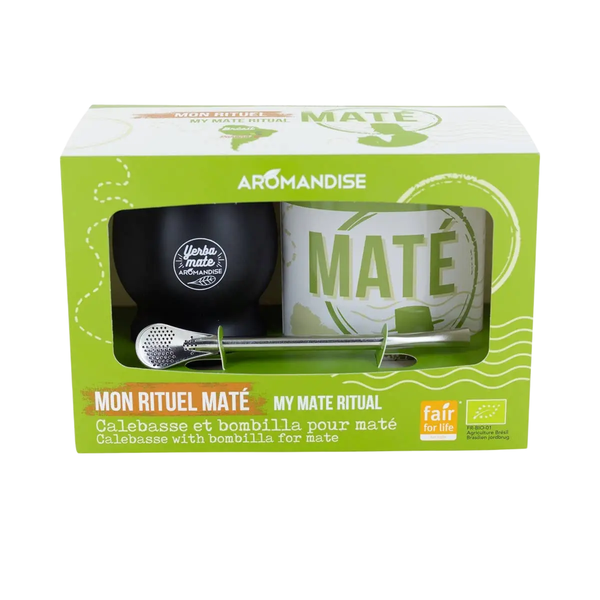 AROMANDISE Mate-Set mit schwarzem Keramik- und Metall-Tee, inklusive Ritual-Accessoires, für traditionelles Mate-Trinken.