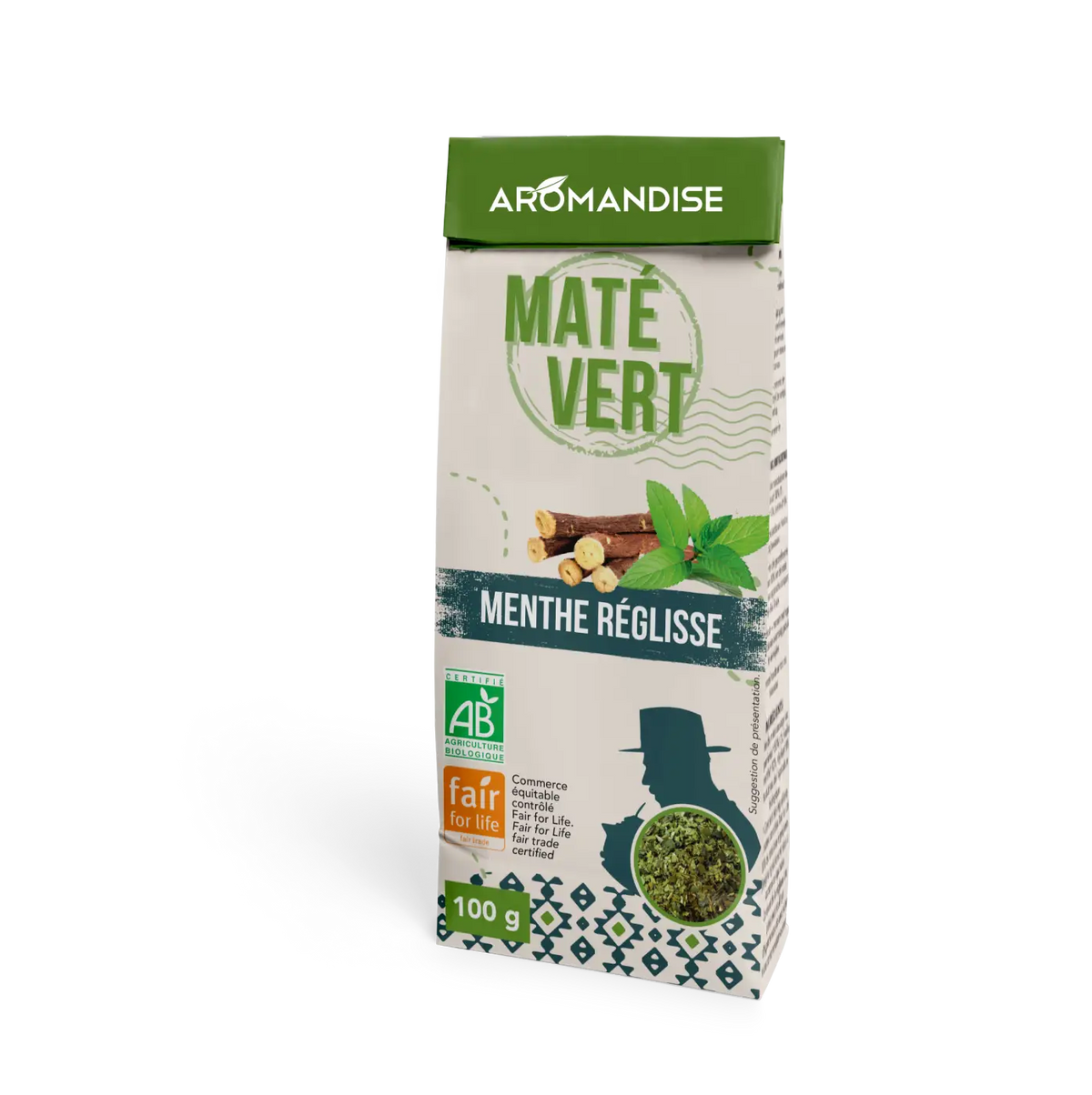AROMANDISE Wild Green Mate Mint Lakritze Tee in grüner Verpackung, erfrischender Kräutertee mit Minze und Lakritze, 100 g Box
