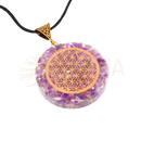 Artisans de madagascar orgonit amethyst pendant 4 cm mit goldenem flower of life design und schwarzem band