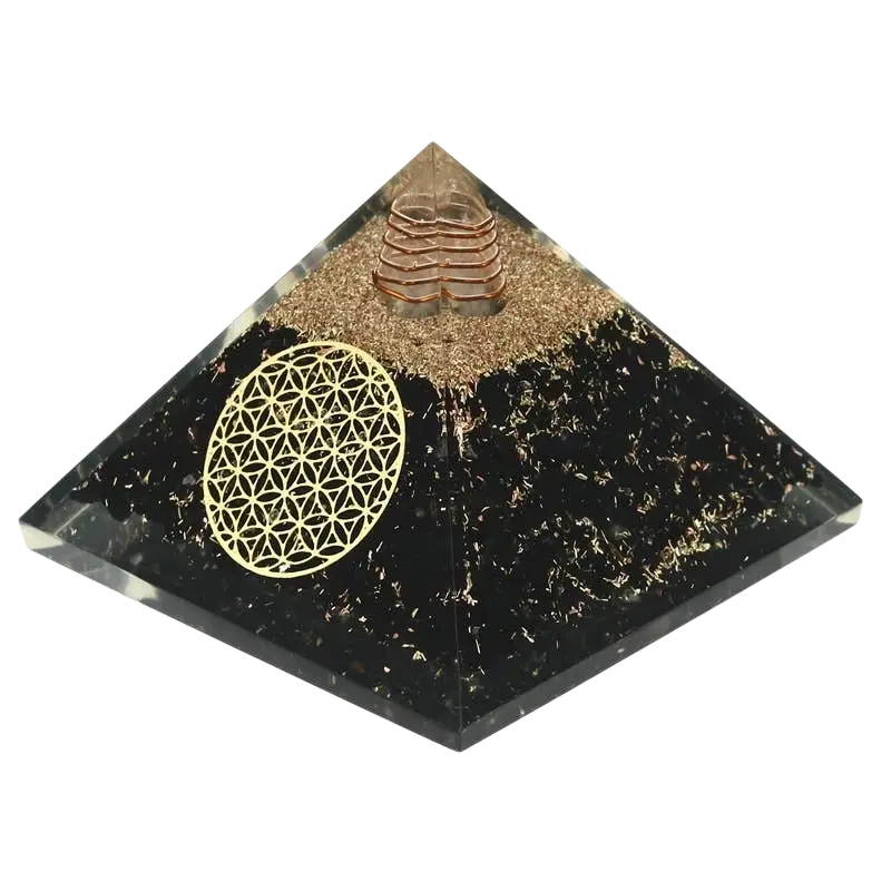 Orgonit-Pyramide mit schwarzem Turmalin von Artisans de Madagascar, 7,5 cm, Schmuck mit Blume des Lebens Design.
