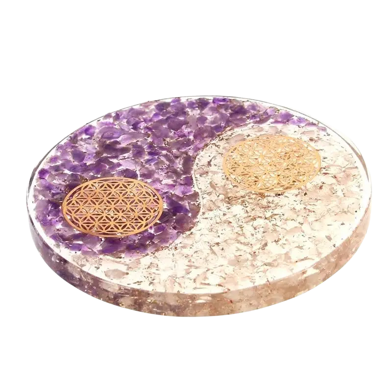 Artisans de Madagascar Blumenteller Scheibe „Blume des Lebens“ mit Amethyst und Bergkristall, Orgoni-Schmuck, kunstvoll gestaltet