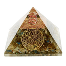 Artisan de madagascar labradorit orgon pyramide blume des lebens mit transparentem harz und goldener geometrie