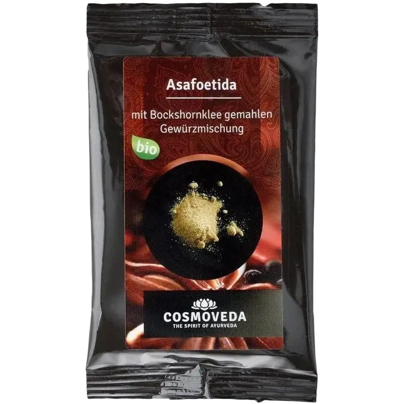 Gemahlene Asafoetida 10g Bio von Cosmoveda, Nahrungsergänzung, dunkle Verpackung, zeigt das Pulver in einer schwarzen Dose