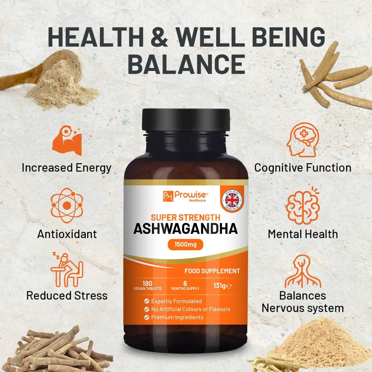 Prowise Healthcare Ashwagandha Nahrungsergänzung, 1500 mg, 180 vegane Tabletten für 6 Monate, Packung mit Tabletten
