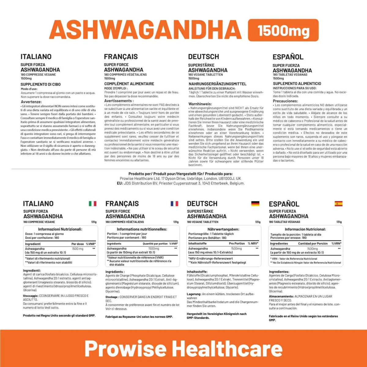 Veganer Ashwagandha 1500 mg Nahrungsergänzung von Prowise Healthcare, 180 Tabletten für 6 Monate, in einer Packung.