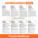 The back side of the ashwagandha 1500 mg vegan tablets label by prowise healthcare with multilingual text and nutrition info for calm and vitality from mana shop