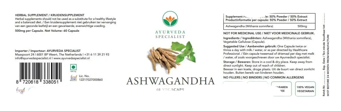 Ashwagandha Ayurveda Kräuterformel Nahrungsergänzungsmittel, braune Kapseln in einer Packung, Ayurveda Specialist B.V.