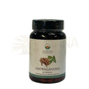 Dunkle bernsteinflasche mit ashwagandha ayurveda kräuterformel und ayurveda spezialist logo aus withania somnifera