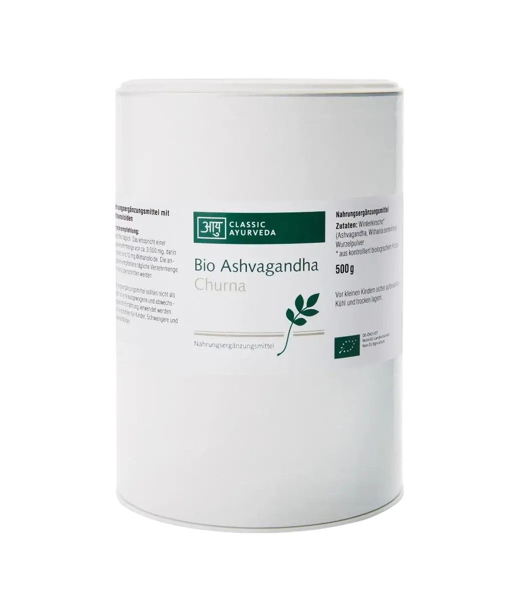 Bio Ashwagandha Churna von Classic Ayurveda, hochwertiges Ayurveda-Pulver mit Withanoliden, fördert Erholung, Energie und Libido.