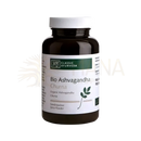 Dunkelbraune glasflasche mit weißem gewindedeckel und bio ashwagandha churna etikett hochwertiges ayurveda-pulver mit withanoliden ashwagandha