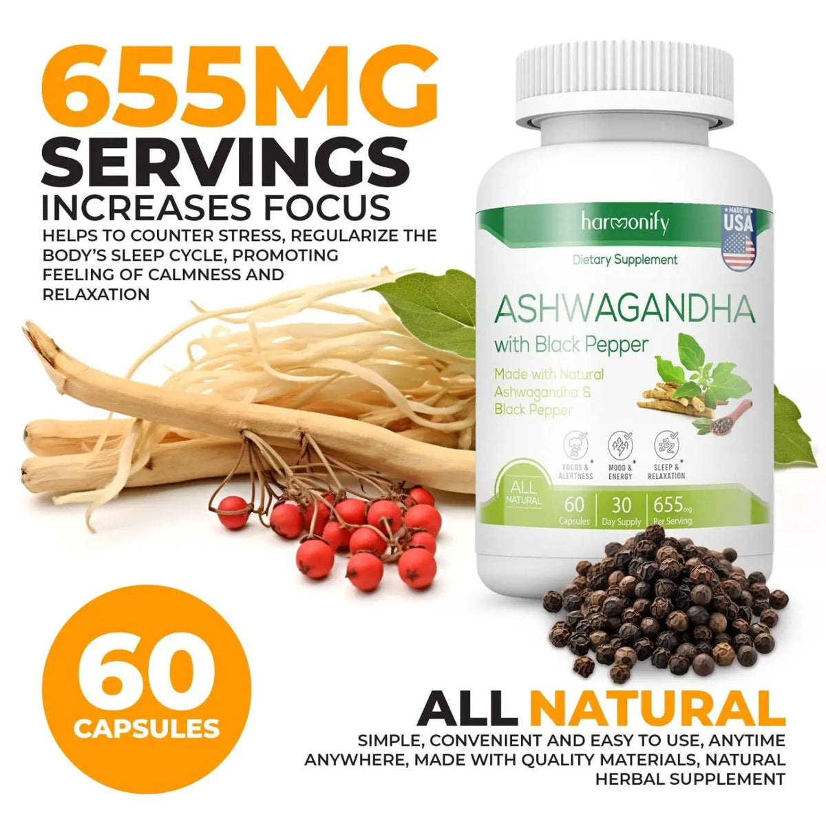 Vegetarische Ashwagandha-Kapsel mit 655 mg KSM-66, glutenfrei, gentechnikfrei, aus Ashwagandha-Wurzel, Nahrungsergänzung von HARMONIFY