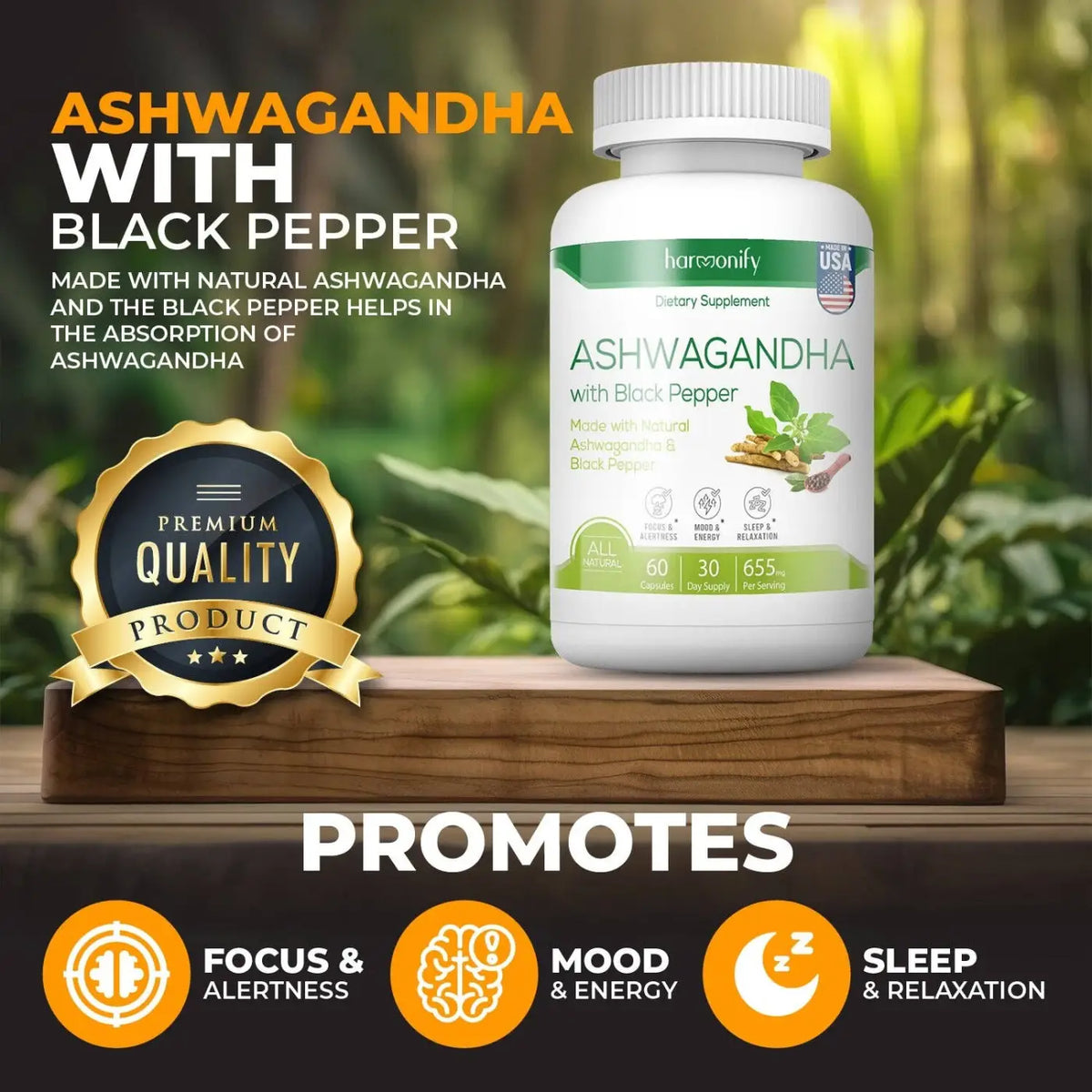 HARMONIFY Ashwagandha-Kapsel mit 655 mg KSM-66, vegetarisch, glutenfrei, gentechnikfrei, mit Ashwagandha-Wurzel als Nahrungsergänzung