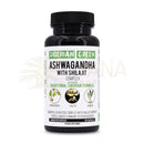 Schwarze plastikflasche mit weißem etikett und grünem text für ashwagandha mit altai shilajit ayurvedischer komplex aus mana shop
