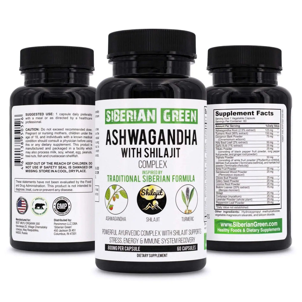 SiberianGreen Ashwagandha mit Altai Shilajit und Kurkuma in 60 Kapseln, ayurvedisches Nahrungsergänzungsmittel in Dose