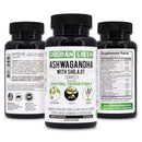 Schwarze plastikflasche mit weißem etiket und grünem text ayurvedischer komplex ashwagandha mit altai shilajit mana shop