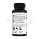 Rückseite einer schwarzen plastikflasche mit weißem etikett und infos zu ayurvedischer komplex kapseln mit altai shilajit im mana shop
