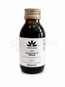 Dunkle bernsteinfarbene glasflasche mit goldfarbenem schraubverschluss und weißem etikett für cosmoveda ashwagandha taila bio 100 ml