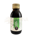 Eine dunkle bernsteinfarbene glasflasche mit goldfarbenem schraubverschluss und grün-weißem etikett ashwagandha taila bio von cosmoyeda
